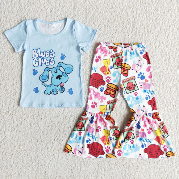 Promotional Cartoon Dogs Sky Blue Girls Short Sleeve+Trousers Sets