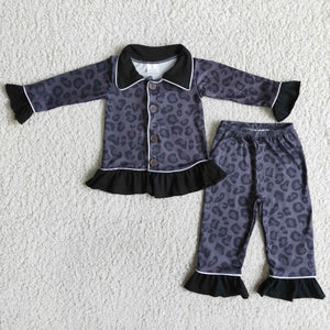 Leopard Print Black Collar Girls Long Sleeve Pajamas