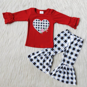 Love Embroidery Plaid Red Girls Valentines Outfits