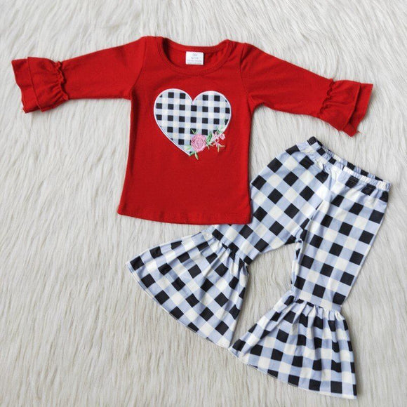 Love Embroidery Plaid Red Girls Valentines Outfits