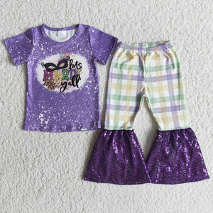 Purple Plaid Sequins Girls Mardi Gras Outfits