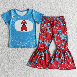 Promotional Cartoon Red Dog Blue Girls Short Sleeve+Trousers Sets