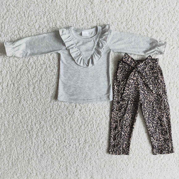 Promotional Solid Gray Ruffles Leopard Print Legging Girls Long Sleeve+Trousers Sets