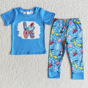 Promotional Cartoon Cat Love Reading Blue Boys Short Sleeve+Trousers Sets