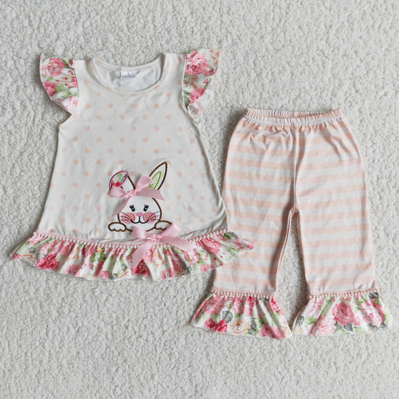 Promotional Bunny Embroidery Pink Floral Girls Easter Outfits