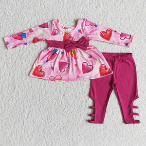 Promotional Hot Pink Bow Love Girls Valentine Outfits