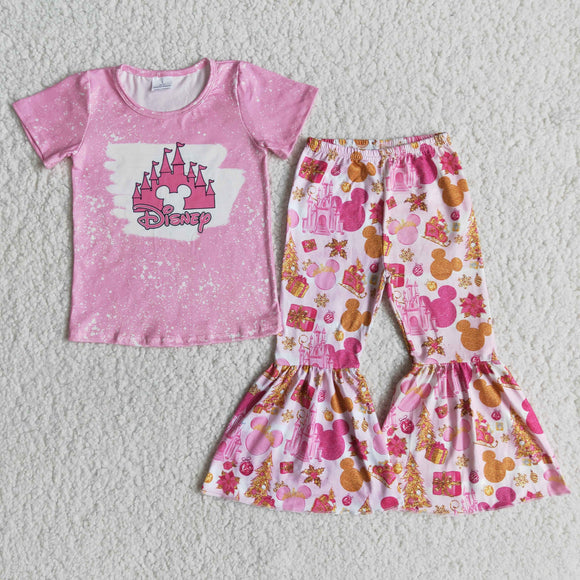 Promotional Cartoon Castle Pink Girls Short Sleeve+Trousers Sets