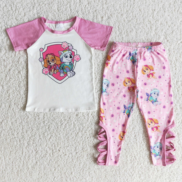 Promotional Cartoon Dogs Pink Girls Short Sleeve+Trousers Sets