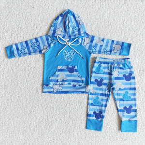 Promotional Cartoon Blue Stripes Boys Fall Hoodie Sets