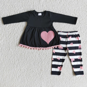 Love Heart Embroidery Black Stripe Pompom Girls Valentines Outfits