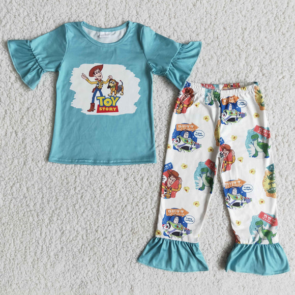 Promotional Cartoon Blue Girls Short Sleeve+Trousers Sets