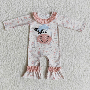 Promotional Cow Embroidery Floral Girls Fall Romper