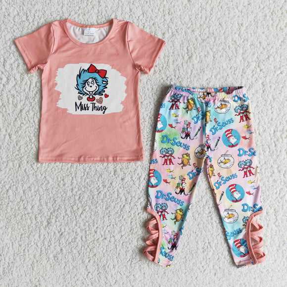 Cartoon Cat Miss Thing Cartoon Legging Girls Short Sleeve+Trousers Sets