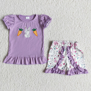 Promotional Bunny Carrot Embroidery Purple Girls Easter Outfits