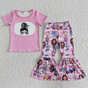 Promotional Cartoon Pink Girls Short Sleeve+Trousers Sets