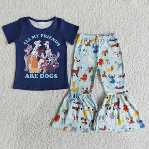 Promotional All My Friends Are Dogs Girls Short Sleeve+Trousers Sets