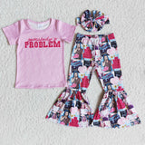 Promotional Somebody's Problem Pink Girls Short Sleeve+Trousers Sets