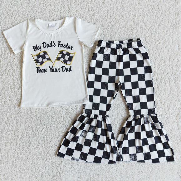 Promotional My Dad's Faster White Black Plaid Girls Short Sleeve+Trousers Sets