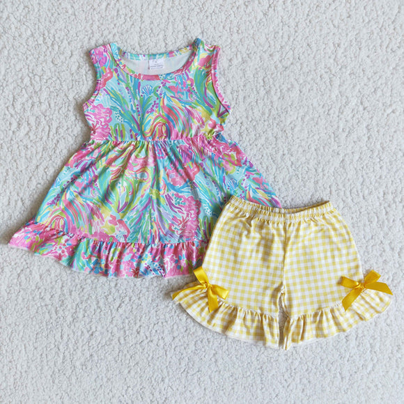 Floral Yellow Plaid Girls Shorts Sets