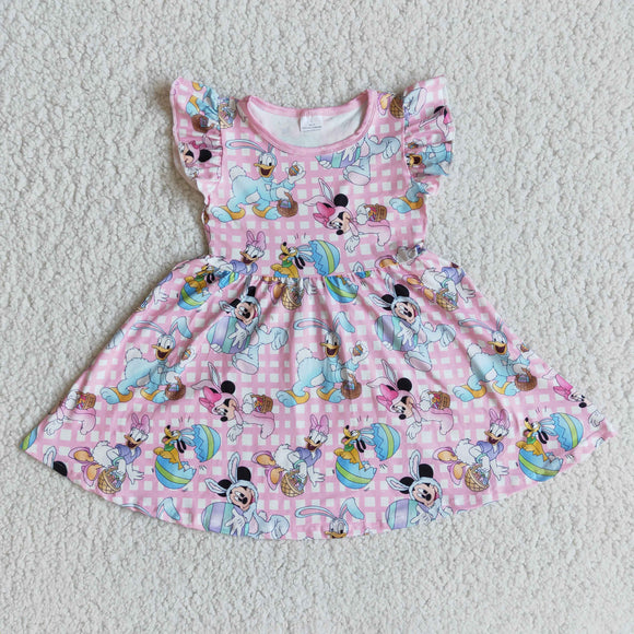 Promotional Cartoon Bunny Pink Plaid Girls Easter Dress