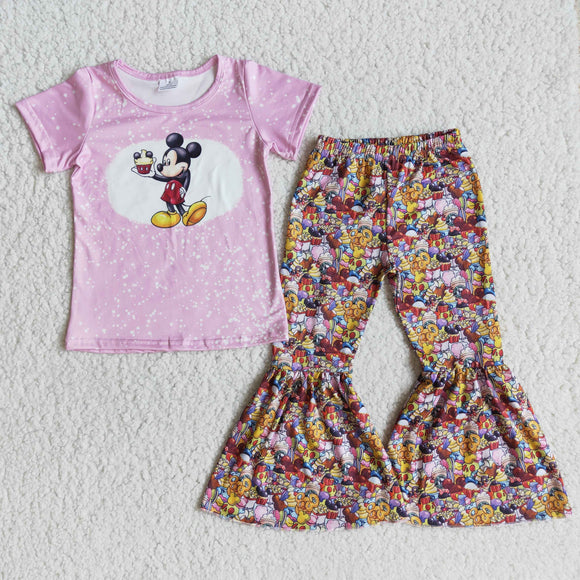 Promotional Cartoon Pink Snack Girls Short Sleeve+Trousers Sets