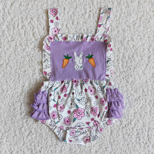 Promotional Baby Girls Carrot Embroidery Purple Easter Romper