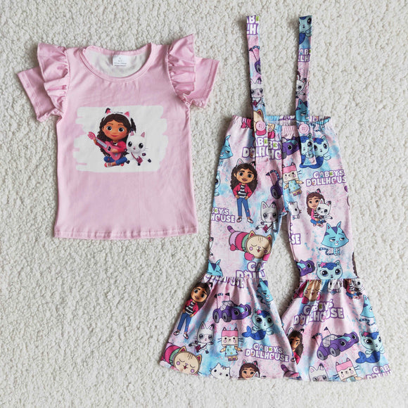 Cartoon Pink Blue Girls Suspender Pants Overalls Sets