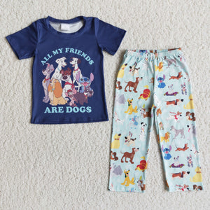 Promotional Cartoon All My Friends Are Dogs Boys Short Sleeve+Trousers Sets