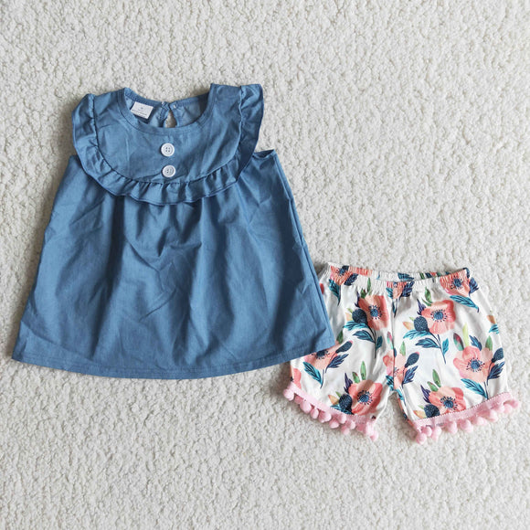 Promotional Jean Floral Pompom Girls Shorts Sets