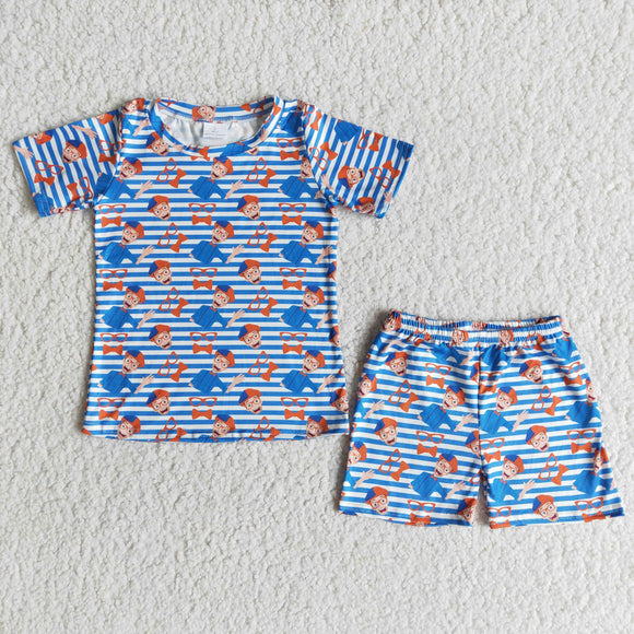 Promotional Cartoon Blue Stripes Boys Shorts Sets