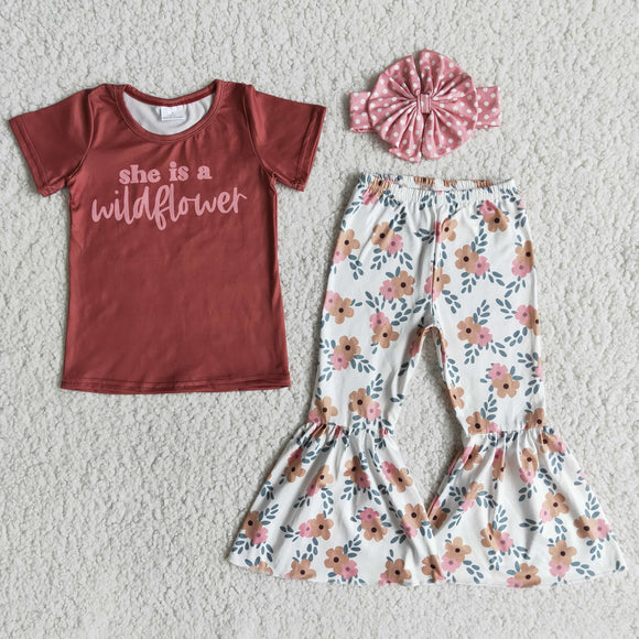 Promotional She is a Wildflower Girls Short Sleeve+Trousers Sets