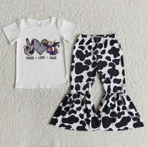 Promotional Cow Print Girls Short Sleeve+Trousers Sets