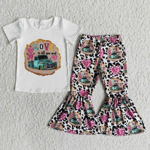 Promotional Love Truck Girls Short Sleeve+Trousers Sets