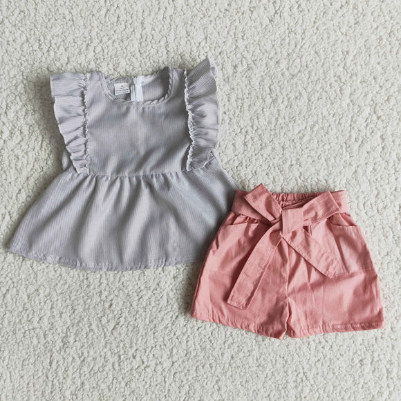 Promotional Gray Pink Solid Girls Shorts Sets