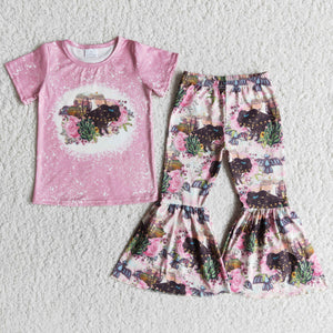 Promotional Floral Cow Pink Girls Short Sleeve+Trousers Sets