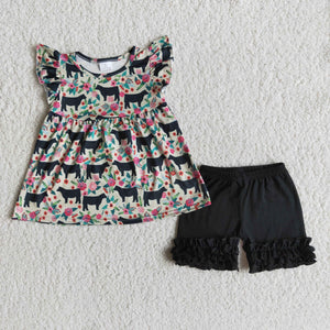Promotional Cow Floral Black Girls Shorts Sets