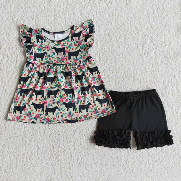Promotional Cow Floral Black Girls Shorts Sets