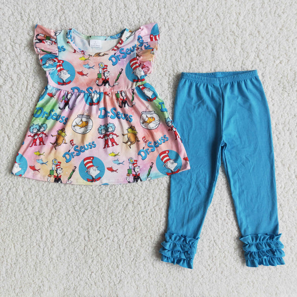 Cartoon Cat Blue Ruffles Girls Short Sleeve+Trousers Sets