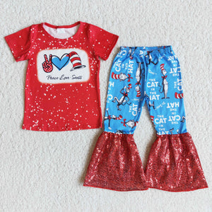 Cartoon Cat Red Sequin Girls Short Sleeve+Trousers Sets