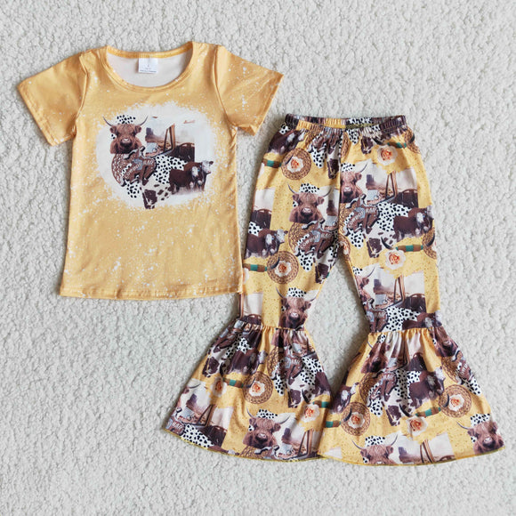 Promotional Cow Yellow Girls Short Sleeve+Trousers Sets