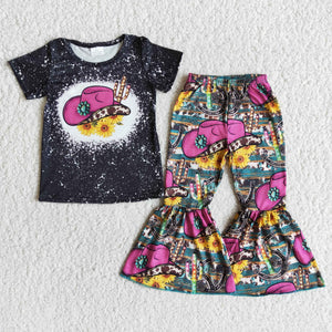 Promotional Cowboys Hat Sunflower Girls Short Sleeve+Trousers Sets