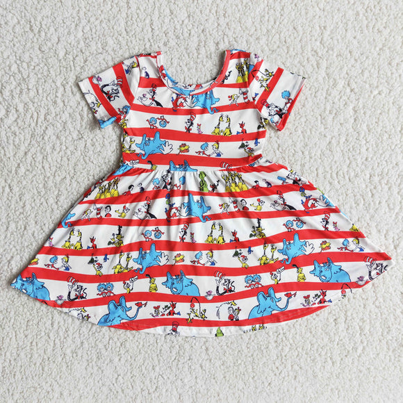 Promotional Cartoon Red Stripe Girls Short Sleeve Dress