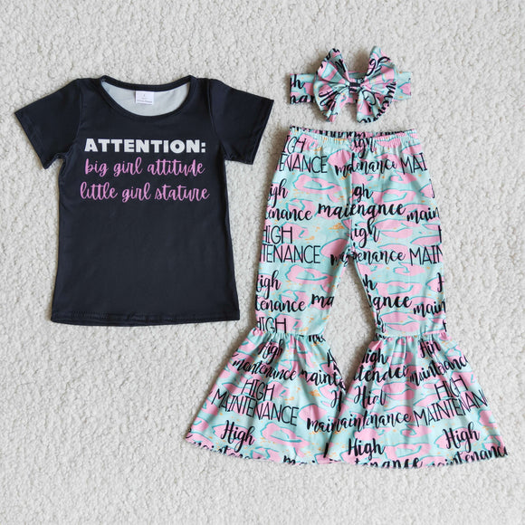 Promotional Attention Letter Black Girls Short Sleeve+Trousers Sets