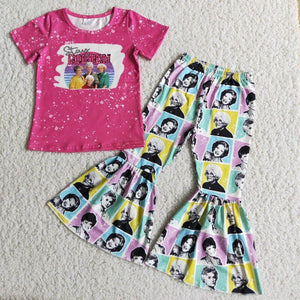 Promotional Stay Golden Hot Pink Girls Short Sleeve+Trousers Sets