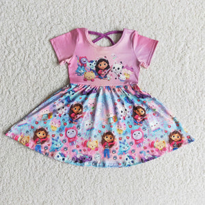 Promotional Cartoon Criss-Cross Pink Girls Short Sleeve Dress