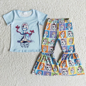 Promotional Cartoon Sky Blue Plaid Girls Short Sleeve+Trousers Sets