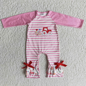 Promotional Tractor Love Heart Pink Stripes Girls Valentine Romper