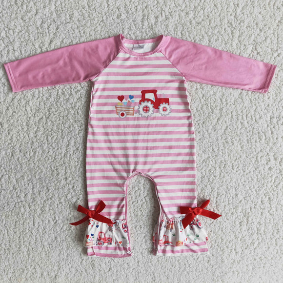 Promotional Tractor Love Heart Pink Stripes Girls Valentine Romper