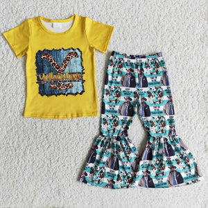 Promotional Cowboy Film Yellow Girls Short Sleeve+Trousers Sets