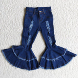 Distressed Dark Blue Flared Girls Jeans Pants